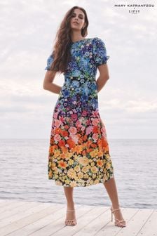 Black Bright Floral - Mary Katrantzou X Lipsy Short Sleeve Under Bust Midi Dress (P91945) | MYR 260
