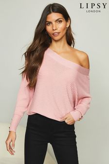 Roza - Lipsy pleten rebrast pulover z odrezom na ovratniku AllSai (P91956) | €28
