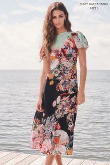 Zwart bloemenprint - Mary Katrantzou X Lipsy midi-jurk met korte mouw (P91961) | €59