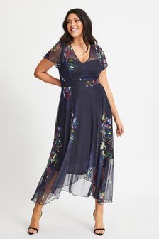 Scarlett & Jo Navy Blue Floral Tilly Angel Sleeve Sweetheart Dress (P92116) | ₪ 396