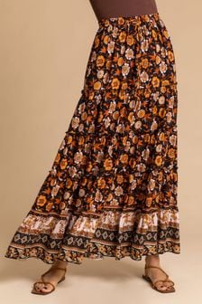 Roman Black Floral Boho Print Tiered Maxi Skirt (P92503) | 47 €