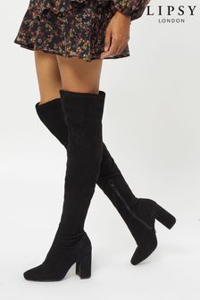 Lipsy Black Suedette Stretch Over the Knee Faux Suedette Block Heeled Boot (P92991) | €68