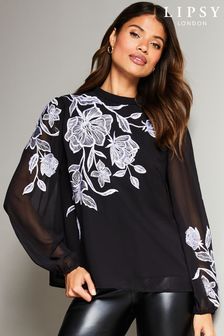 Lipsy Black Long Sleeve Mono Embroidered Top (P93104) | TRY 1.360
