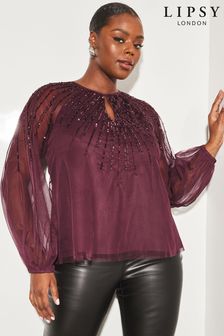 Lipsy Berry Red Curve Long Sleeve Keyhole Sequin Detail Top (P93105) | €47