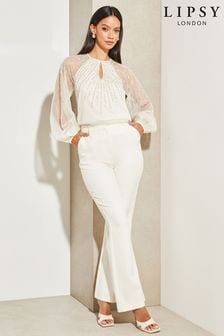 Lipsy Ivory White Long Sleeve Keyhole Sequin Detail Top (P93308) | kr617