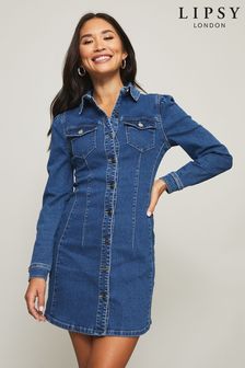 Niebieski - Sukienka jeansowa Lipsy z bufkami i ozdobnymi przeszyciami (P93365) | 325 zł