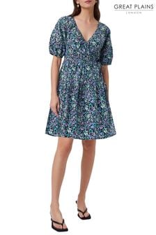 Great Plains Black/Blue Floral Print Zinnia Cotton Wrap Dress (P93498) | €36