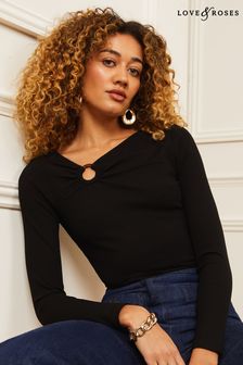 Love & Roses Black Ring Detail Asymmetric Neck Long Sleeve Ribbed Jersey Top (P93548) | €40