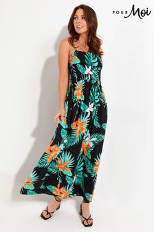 Pour Moi Black Tropical Removable Straps Shirred Bodice Maxi Dress (P93746) | CA$95