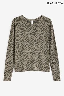 Athleta Khaki Green Momentum Leopard Print Seamless Long Sleeve T-Shirt (P94264) | €110