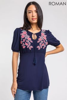 Roman Blue Floral Placement Gathered Detail Top (P94549) | ₪ 130