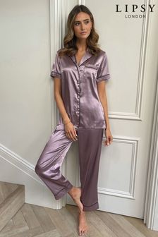 Lipsy Mauve lilac Regular Satin Short Sleeve and Trouser Pyjama Set (P94583) | €40