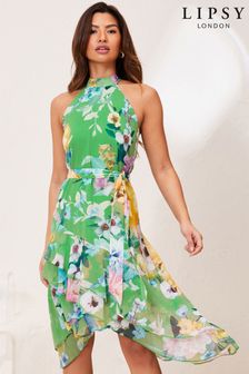 Lipsy Green Floral Regular Halter Ruffle Midi Dress (P94809) | $89