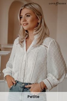 Love & Roses Ivory Petite Dobby Spot Lace Trim 3/4 Sleeve Button Through Blouse (P94986) | LEI 215