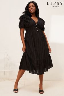 Lipsy Black Curve Broderie V Neck Puff Sleeve Midi Summer Dress (P95378) | €27