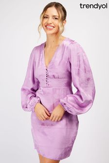 Trendyol Purple Satin Mini Dress With Balloon Sleeve and Button Detail (P96045) | $107