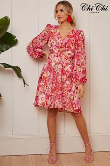 Chi Chi London Pink & Red Long Sleeve Ring Detail Floral Mini Dress (P96116) | €44