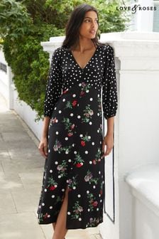 Love & Roses Black Floral Spot Regular Printed V Neck Button Front Midi Dress (P96330) | 61 €