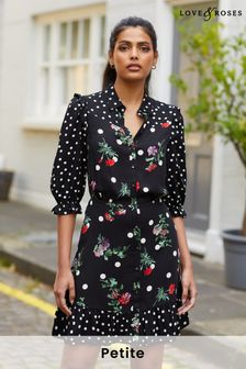 Love & Roses Black Floral Spot Petite Printed Ruffle Shirt Dress (P96331) | ₪ 146
