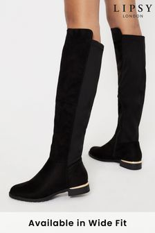 Lipsy Black Wide FIt Flat Long Knee Faux Suedette Boot (P96339) | €67