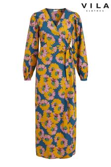 VILA Blue Floral Print Wrap Midi Dress (P96442) | $64