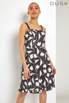 Dusk Black Leaf Print Frill Detail Tea Dress (P96470) | 142 zł