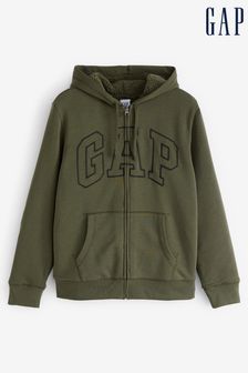 Zielony khaki - Zapinana na suwak bluza Gap z kapturem z logo i podszewką ze sztucznego kożuszka (P96931) | 380 zł