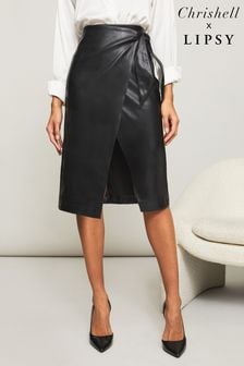 Lipsy Black Faux Leather Wrap Midi Skirt (P96955) | DKK347