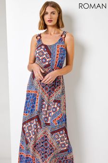 Roman Blue Geo Print Ring Detail Maxi Dress (P97144) | $69