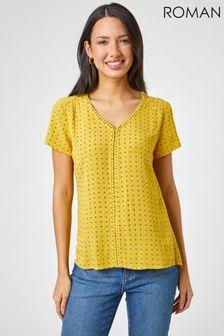 Roman Yellow Ditsy Embroidered Trim Detail Top (P98077) | ₪ 121