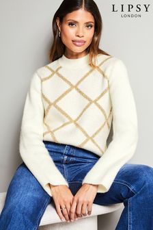 Lipsy Ivory White Tinsel Argyl Crew Neck Knitted Jumper (P98508) | €24