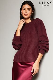 Jagodno rdeča - Lipsy rebrast pleten pulover z okroglim ovratnikom (P98514) | €15