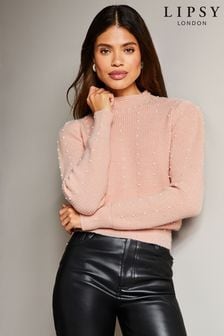 Lipsy Blush Pink Petite Long Sleeve Pearl Ribbed Knitted Jumper (P98600) | kr750