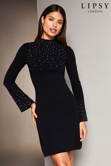 Lipsy Black Curve Long Sleeve Glitter High Neck Knitted Jumper Dress (P98603) | 59 €