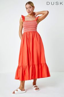 Dusk Orange Frill Detail Shirred Stretch Midi Dress (P98741) | €31