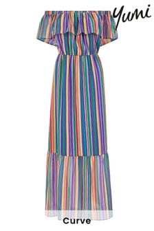 Yumi Purple Multi Curve Rainbow Stripe Bardot Maxi Dress (P99155) | €20.50