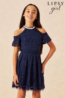 Lipsy Navy Cold Shoulder Lace Occasion Dress (P99292) | €59 - €66