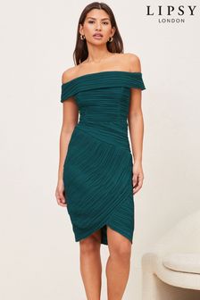 Lipsy Green Ruched Bardot  Bodycon Dress (P99494) | 54 €