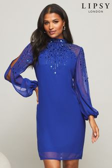 Lipsy Blue Regular Embellished Long Sleeve Shift Dress (P99495) | €33