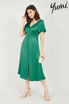 Yumi Green Satin Button Down Midi Dress (P99561) | $91