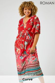 Roman Red Curve Floral Border Print Maxi Dress (P99572) | $69