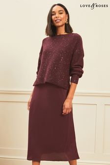 Love & Roses Berry Red 2 In 1 Knitted Sequin Midi Dress (P99775) | €36
