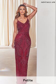 Sistaglam Burgundy Red Petite Heavy Embellished Sequin and Beaded Cami Maxi Dress (Q01506) | €181