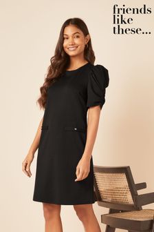 Friends Like These Black Short Puff Sleeve Round Neck Shift Dress (Q01826) | KRW52,200