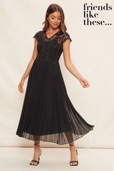 Friends Like These Black V Neck Pleated Lace Midi Dress (Q01842) | ₪ 412