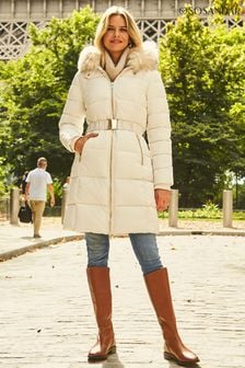 Sosandar Ivory Faux Fur Trim Luxe Longline Padded Coat (Q02175) | R2 353