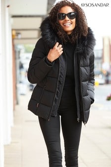 Manteau matelassé Sosandar noir avec bordure en fausse fourrure (Q02176) | €61