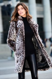 Sosandar Brown Cheetah Print Faux Fur Coat (Q02177) | kr3 020