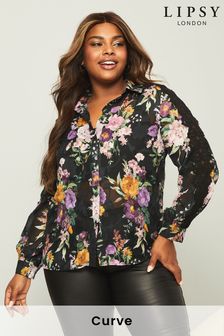Lipsy Black Floral Curve Curve Printed Lace Sleeve Shirt (Q02556) | €19.50