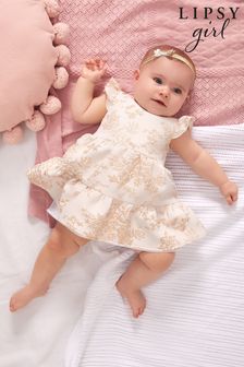 Lipsy Gold Baby Tiered Jacqard Dress With Matching Knicker (Q02878) | CHF 45